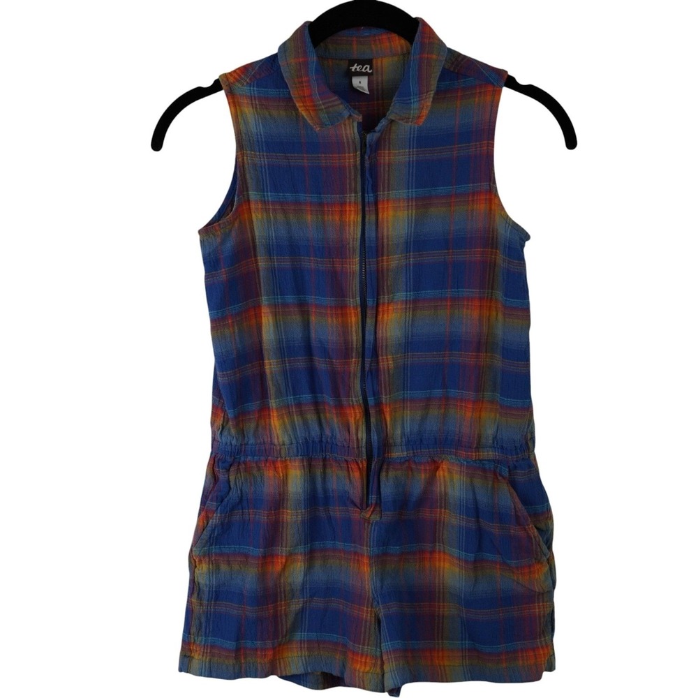 Tea Collection Plaid Sleeveless Romper Kids Size 8 Blue Orange Zip Front Cotton